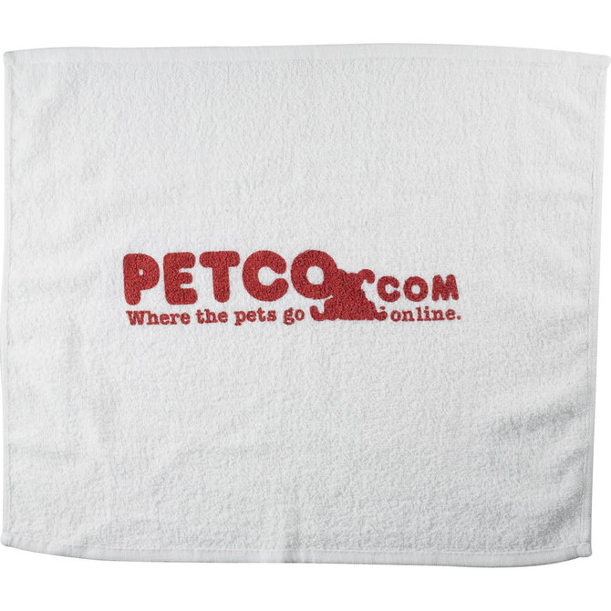 A white gym towel with red branding and text featuring a logo.