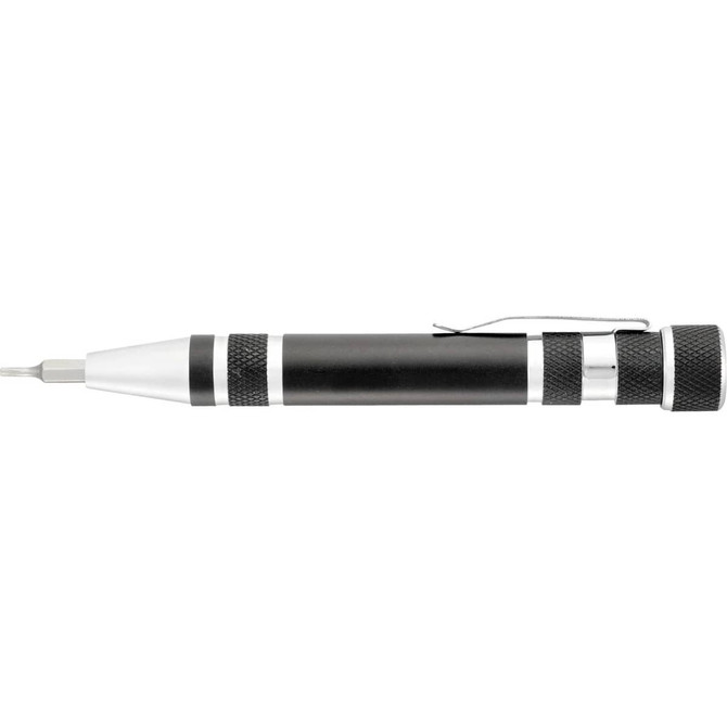 A black and silver multi-tool featuring a screw driver, with a textured grip and clip. It also includes a logo.