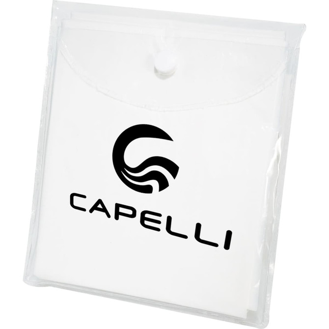 A white disposable poncho packaged in a clear, resealable pouch. The pouch features a logo on the front.
