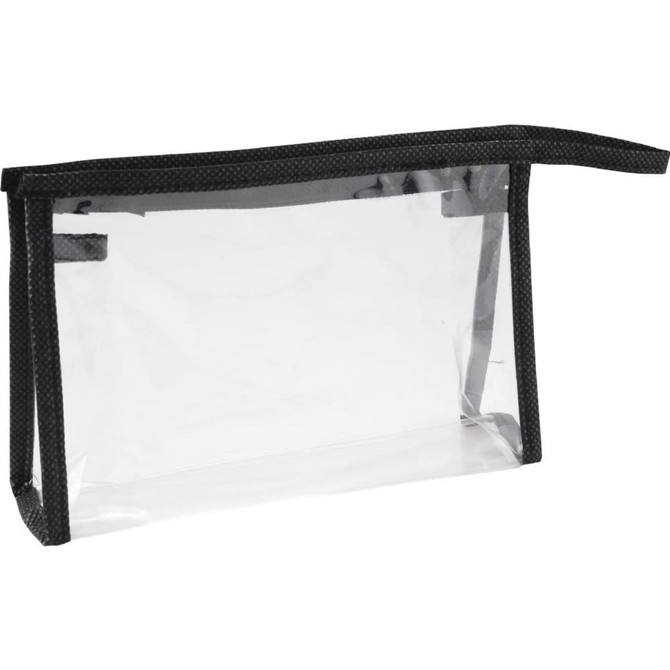 A clear toiletry bag with a black zippered top and edges, featuring a simple design and a small logo.