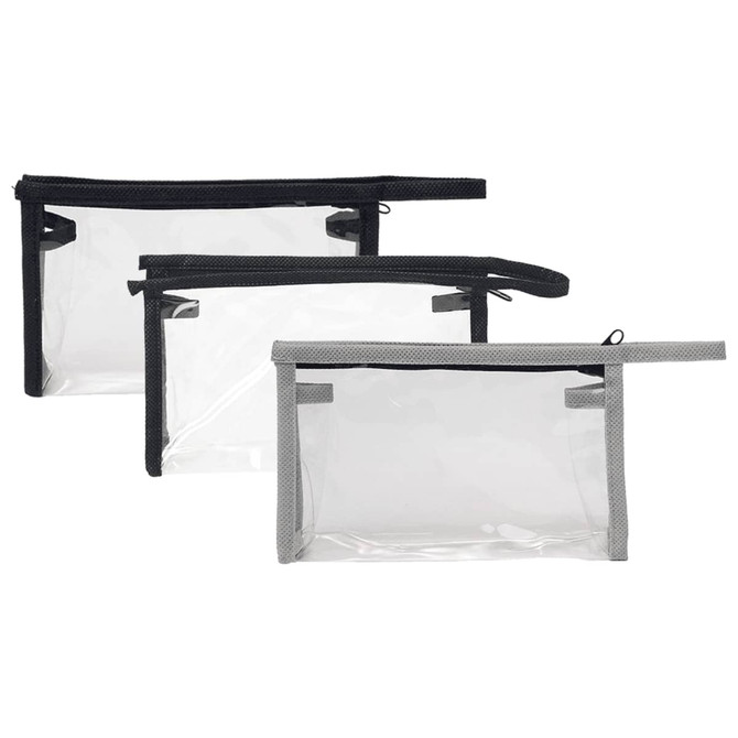 A set of three clear toiletry bags in black and grey, featuring zip closures and mesh detailing.