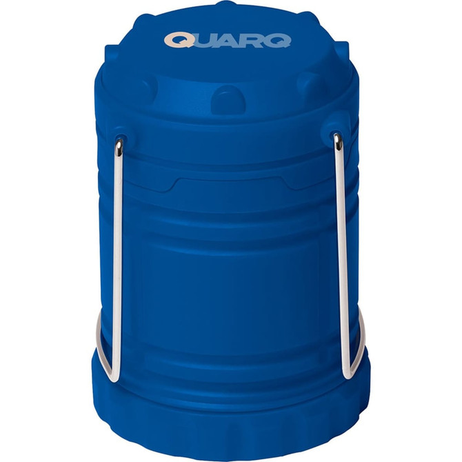 A blue Mini COB Pop Up Lantern with a silver handle, featuring a simple cylindrical design and a branding logo.