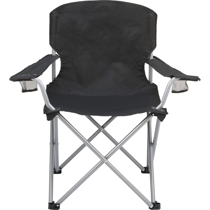 An oversized folding chair in black fabric with a metallic silver frame and armrests featuring mesh pockets.