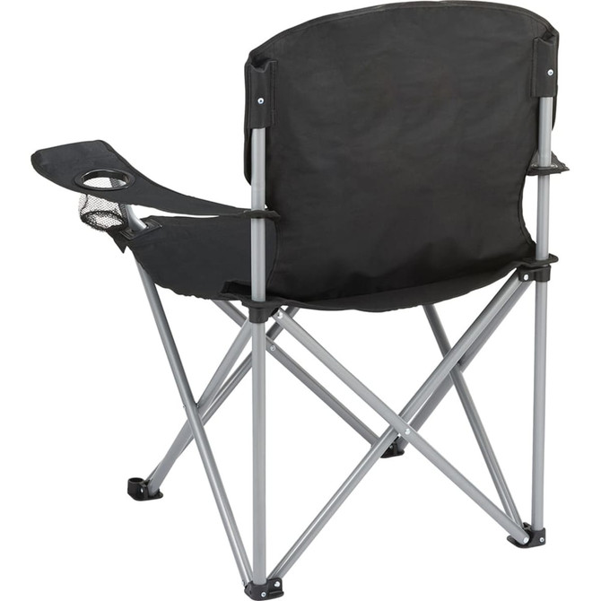 An oversized folding chair in black with a drink holder and a silver frame, featuring a simple design for outdoor use.