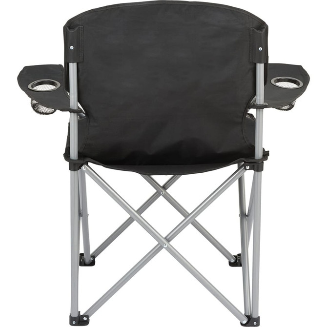 An oversized folding chair in black, featuring cup holders and a silver frame. The chair is fully open and upright.