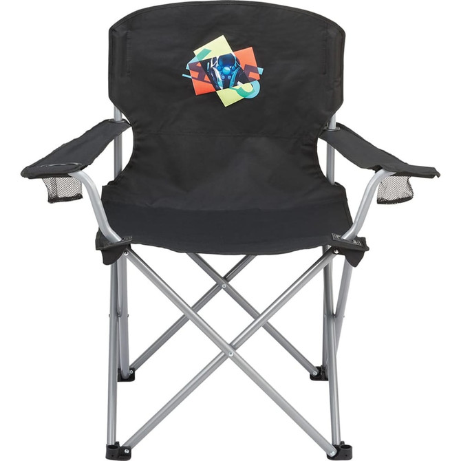 An oversized folding chair in black with a multi-coloured graphic and silver frame, featuring armrests and mesh drink holders.