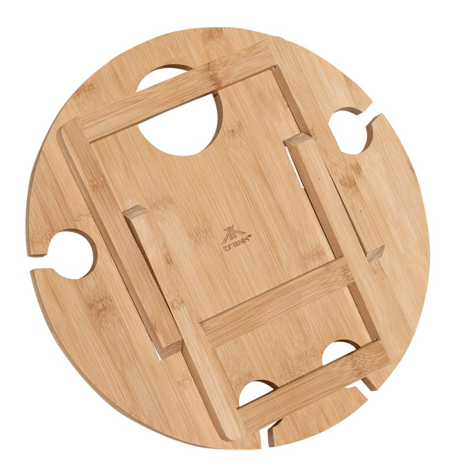 A round bamboo picnic table with cut-out sections and a central grip. It has a simple, natural wood finish.