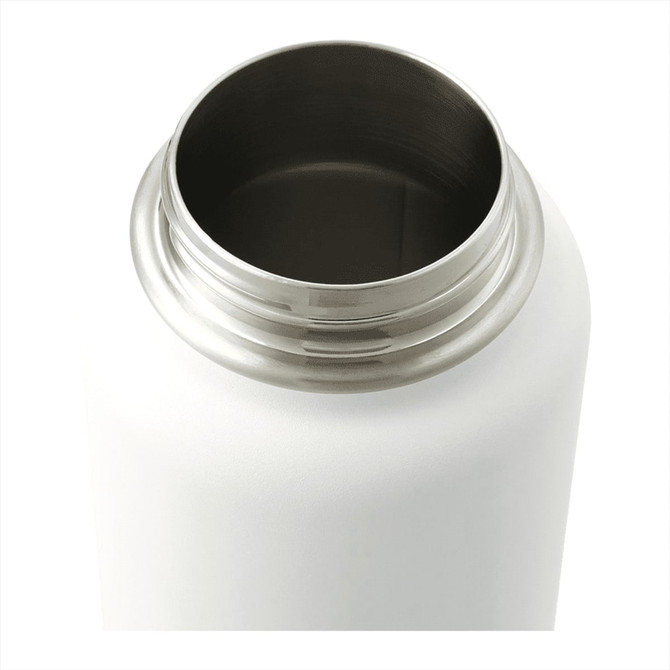 A drink bottle with a stainless steel rim and a matte white finish, part of the Trekk Highland 3-In-1 Copper Vacuum Bottle Kit.