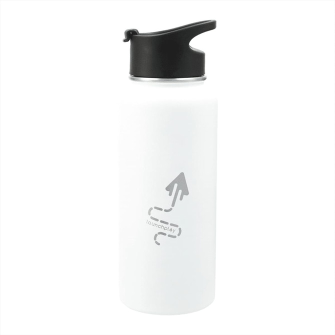 A drink bottle kit featuring a white vacuum bottle with a black lid and a logo. Ideal for keeping beverages hot or cold.