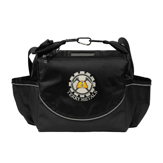 A black cooler bag with multiple compartments and a logo on the front. It features adjustable straps for carrying.