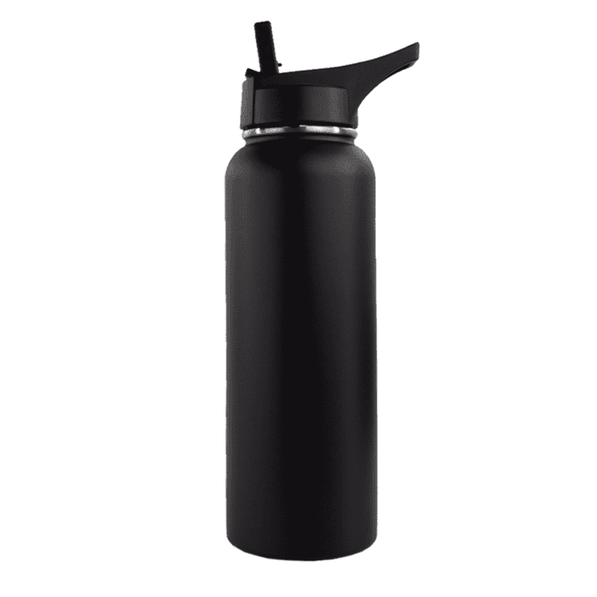 A drink bottle in matte black with a straw lid and a stainless steel finish. Features a logo on the body.