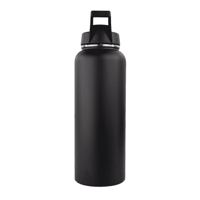 A drink bottle in matte black finish with a screw cap and a handle, featuring a logo.