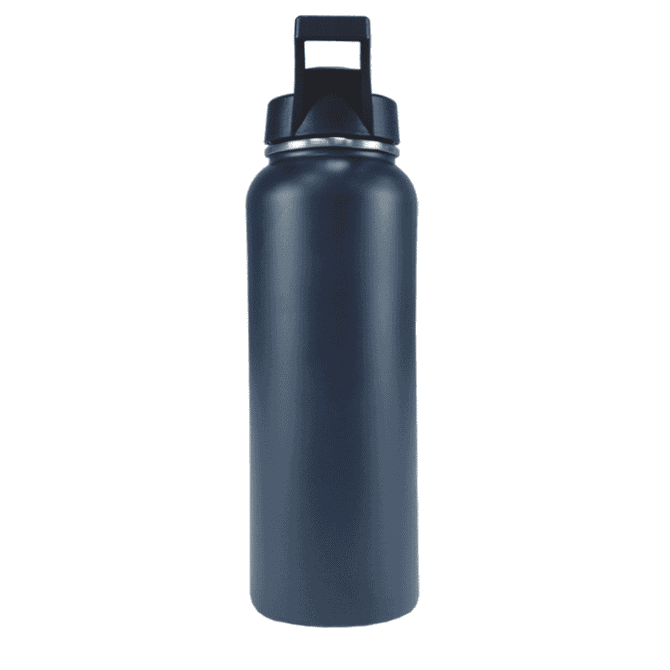 A drink bottle in navy blue with a wide mouth and a sturdy handle, featuring a logo on the front.
