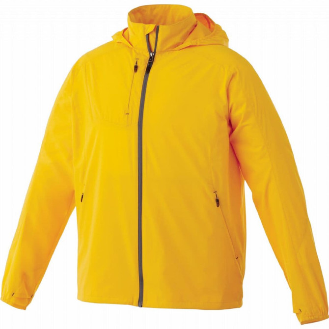 A yellow lightweight men's jacket with a hood and zipped pockets. It features a logo on the front.