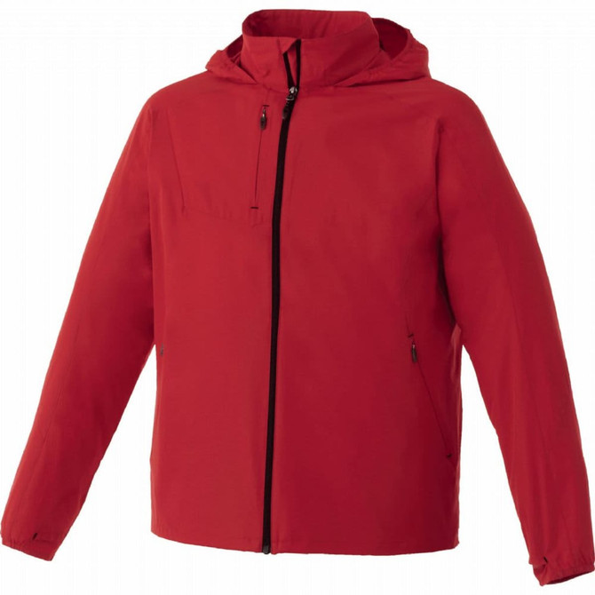 A red lightweight jacket with a hood, featuring a front zip and side pockets, and includes a logo.