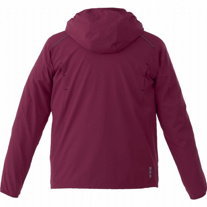 A maroon lightweight jacket with a hood and reflective detailing on the back. It features a logo on the design.