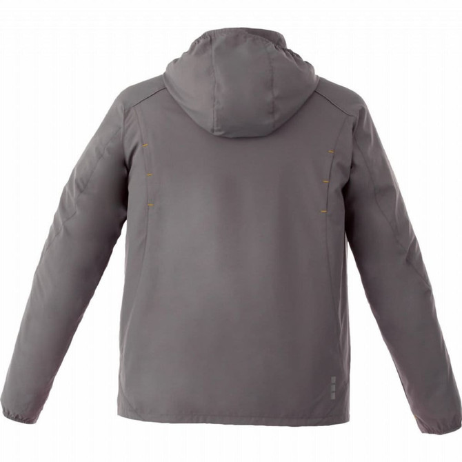 A lightweight men's jacket in grey with a hood and a branded logo on the back.