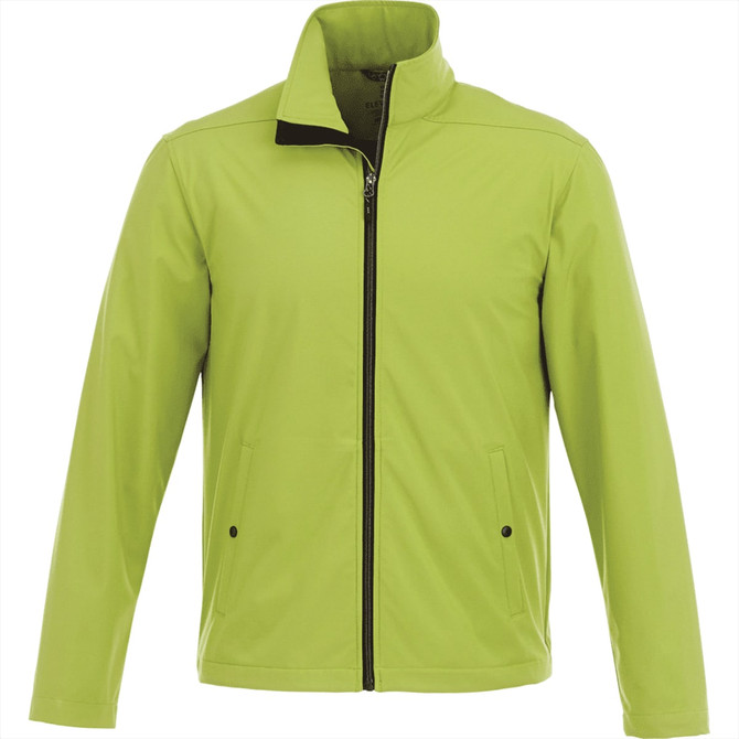 A soft shell jacket for men in vibrant green, featuring a zippered front and two side pockets.