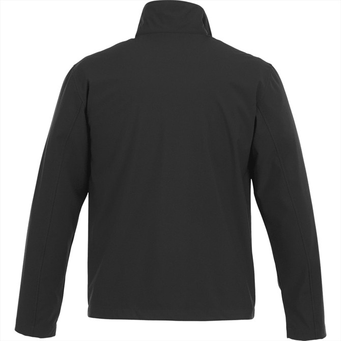A black soft shell jacket for men, featuring a simple design and a branded logo.