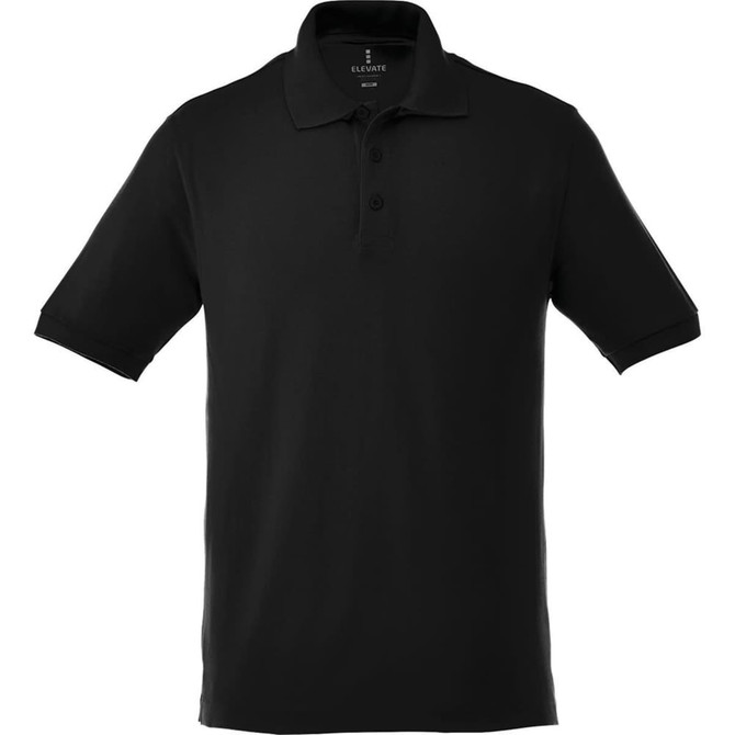 A black short sleeve polo shirt featuring a collar and three-button placket, with a logo on the chest.