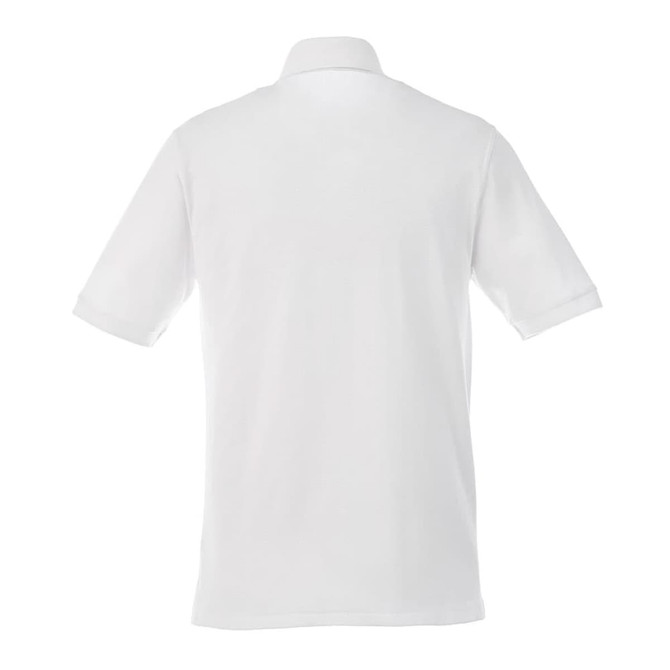 A white short sleeve polo shirt for men featuring a collar and a logo on the back.