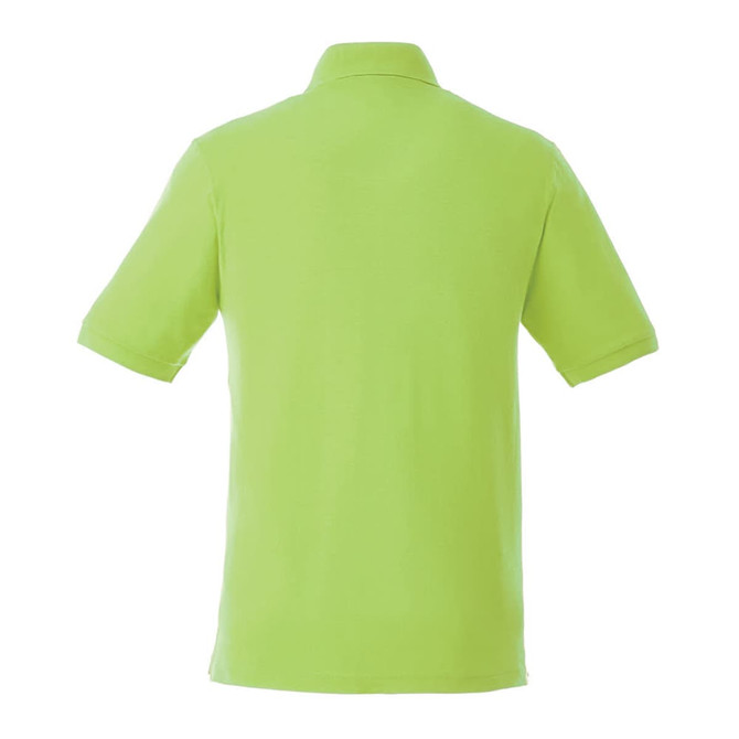 A bright green short sleeve polo shirt for men, featuring a collar and a logo on the front.