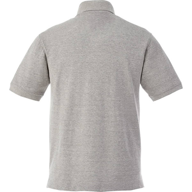 A grey men's short sleeve polo shirt featuring a collar and a logo.