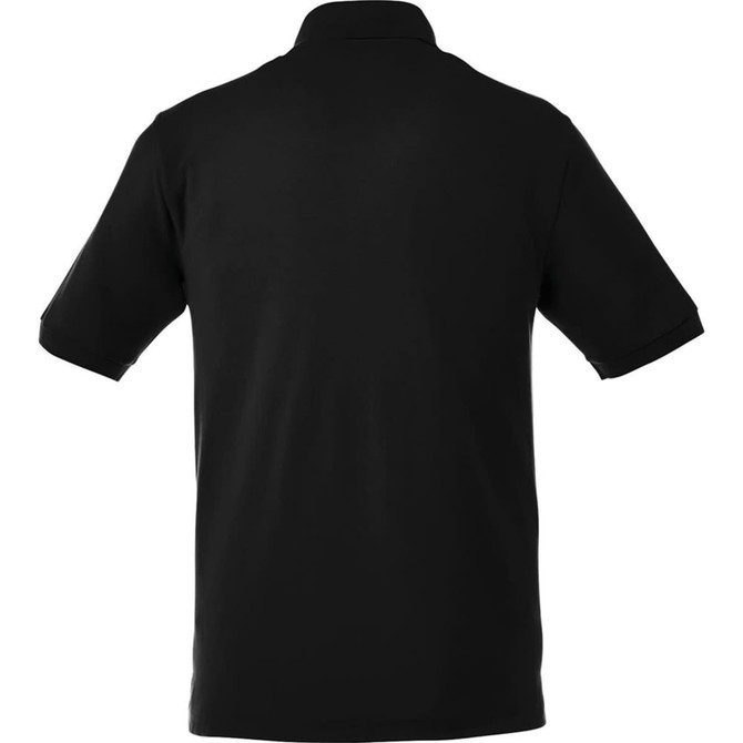 A black men's short sleeve polo shirt featuring a collar and a logo. Back view displayed.
