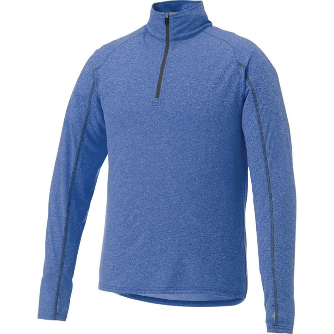 A blue knit quarter zip jumper for men, featuring long sleeves and a zippered neck. It has a branding logo.