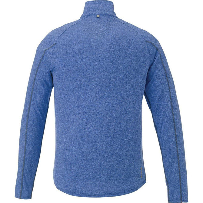 A blue quarter zip jumper featuring a smooth fabric texture and a logo on the back.