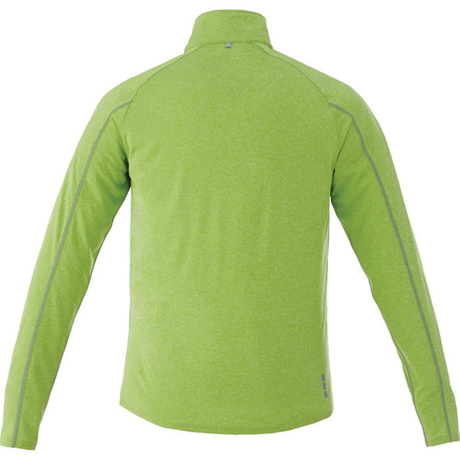 A green knit quarter zip jumper featuring a high collar and reflective detailing on the seams. It has branding on it.