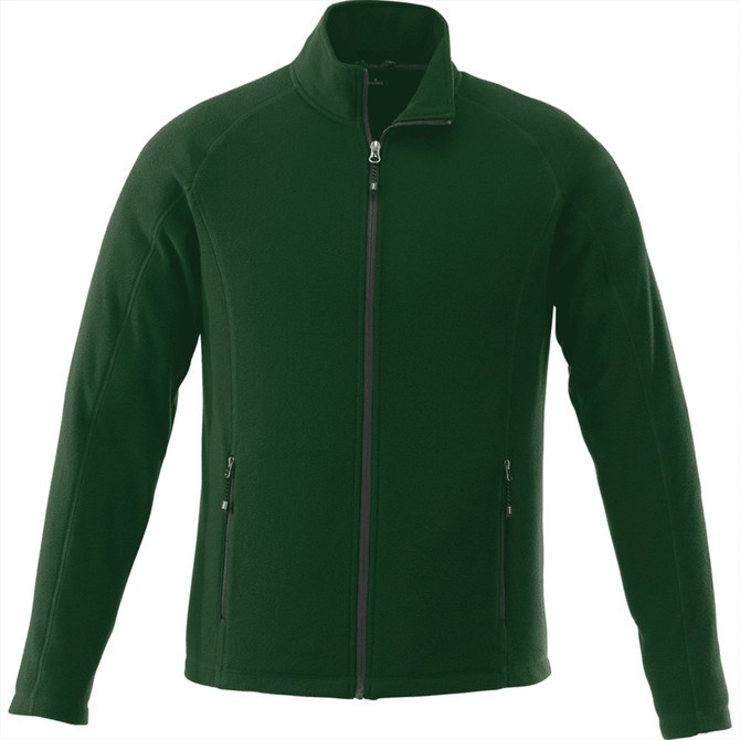 A dark green men's polar fleece jacket with a zip front and side pockets, featuring a logo.