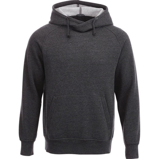 A grey fleece hoodie with a front pocket and a drawstring hood, featuring a logo.
