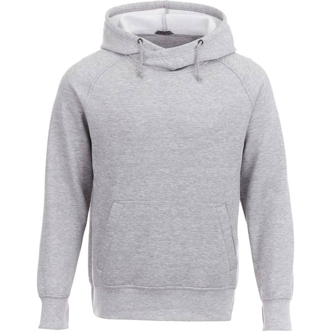 A grey hoodie with a pouch pocket and a hood, featuring a branding logo.