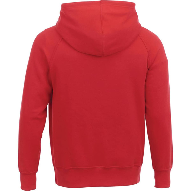 A red men's fleece hoody with a hood and a plain back design, featuring a logo.