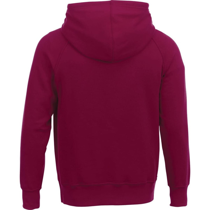 A maroon men's fleece hoodie featuring a hood and a back view design. It includes a logo.