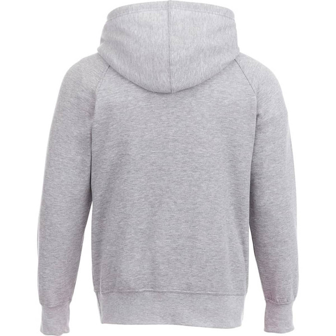 A grey men's fleece hoody with a hood and ribbed cuffs. Features a logo on the back.