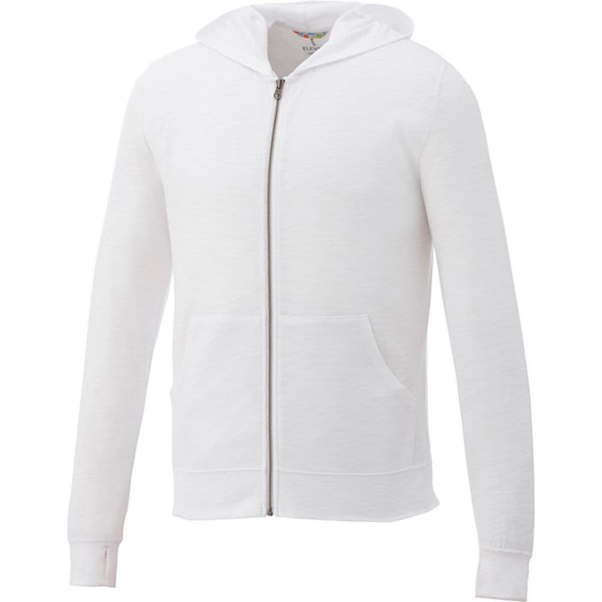 A white full zip hoodie featuring a hood and two front pockets, with a small logo on the side.
