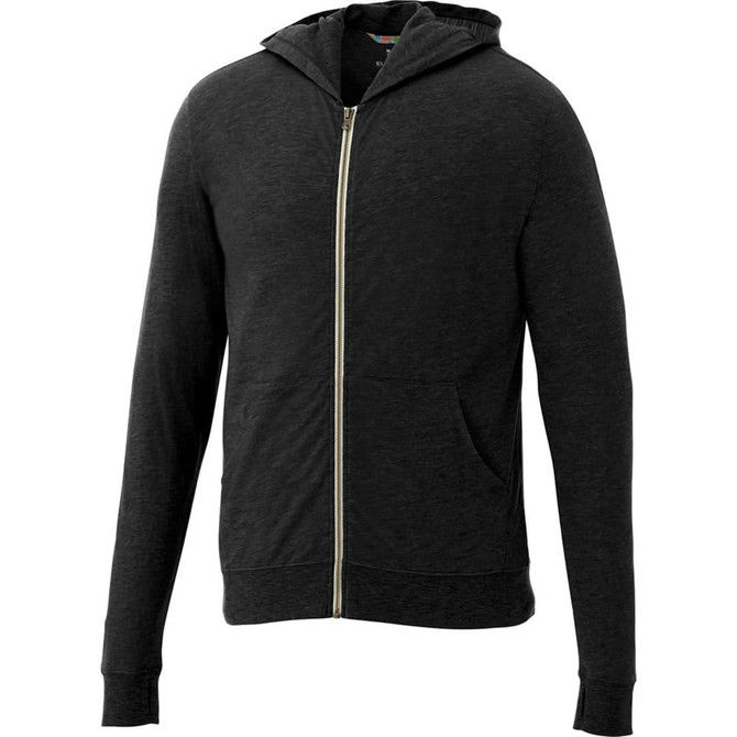 A black full zip hoody for men, featuring a hood and front pockets, with a logo.