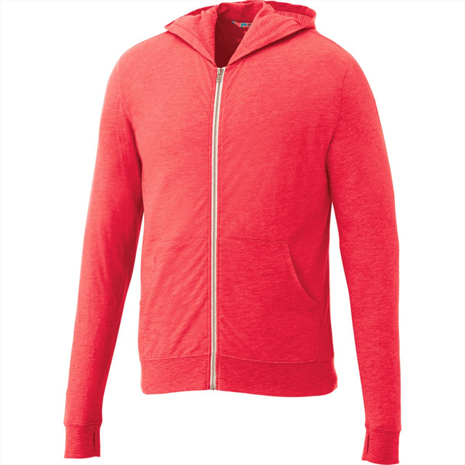 A red Garner Knit Full Zip Hoody for men, featuring a zip closure and front pockets. It has a simple logo.