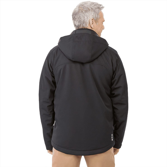 A black men's insulated softshell jacket featuring a hood and a logo on the back.