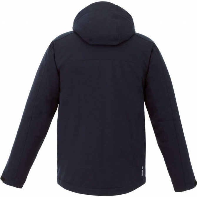 A men's Bryce insulated softshell jacket in navy, featuring a hood and a back view with a logo.