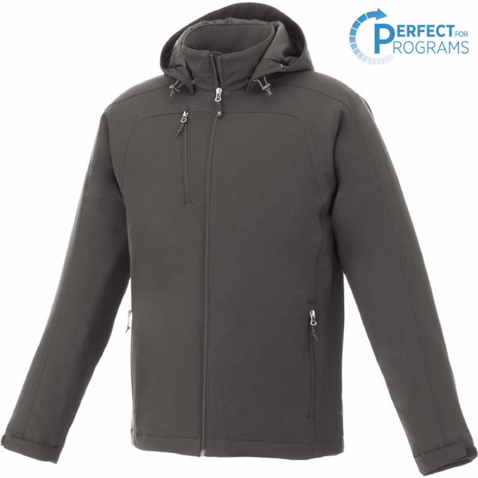 Men's Bryce Insulated Softshell Jacket in dark grey with a hood, featuring zippers and a logo.