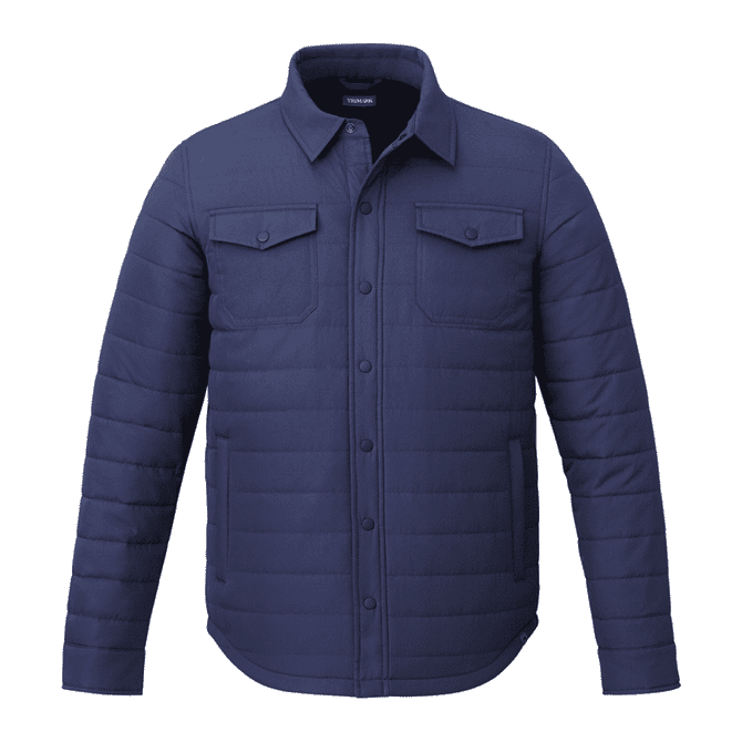 A navy insulated shacket featuring a button-up front and two chest pockets. It has a branding logo on the label.