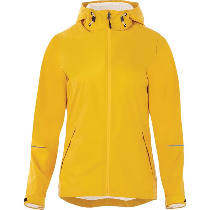 A women's rain jacket in a bright yellow colour with a hood and reflective details. It features a logo on the front.