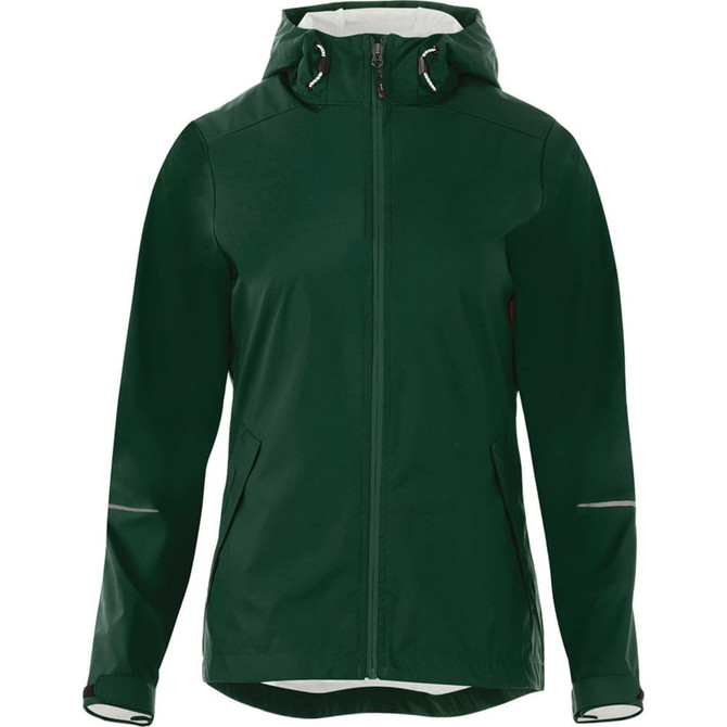 A green women's rain jacket featuring a hood, zip closure, and reflective detailing. The jacket has a logo on it.