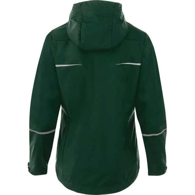 A green women's rain jacket featuring a hood and reflective detailing on the back. Includes a branding logo.
