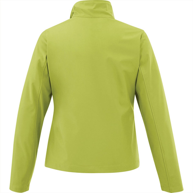 A women's softshell jacket in vibrant lime green, featuring a simple design and back collar. Includes branding.