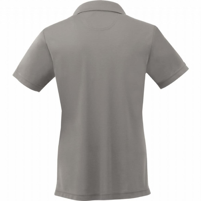 A grey women's short sleeve polo shirt with a collar and no visible branding.
