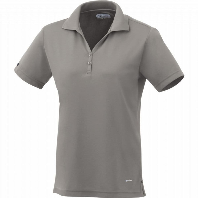 A women's short sleeve polo in grey, featuring a collar and three-button placket, with a logo on the sleeve.